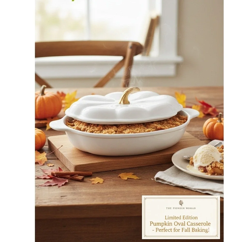Pioneer Woman Pumpkin Oval Casserole Dish with Lid 2.39 QT White Gold Handle NEW